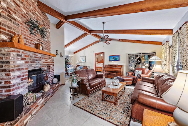 living room featuring light tile patterned flooring, vaulted ceiling with beams, ceiling fan, and a fireplace