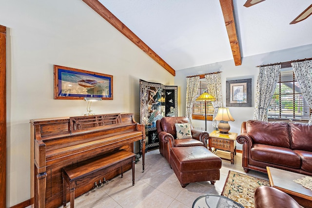 tiled living room with lofted ceiling with beams and ceiling fan