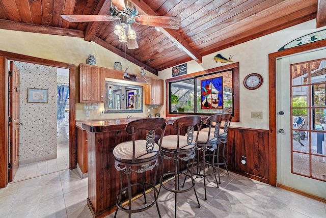 bar featuring wood ceiling, ceiling fan, lofted ceiling with beams, and wood walls