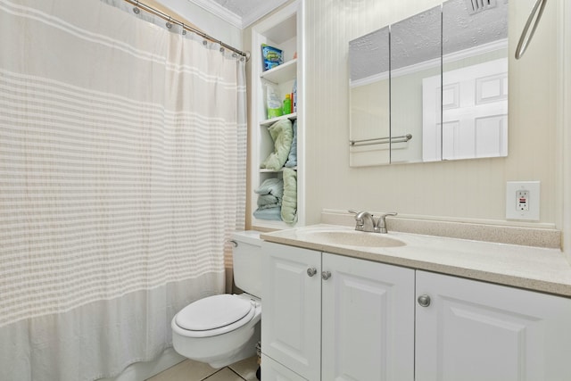 bathroom with ornamental molding, vanity, toilet, a textured ceiling, and a shower with curtain