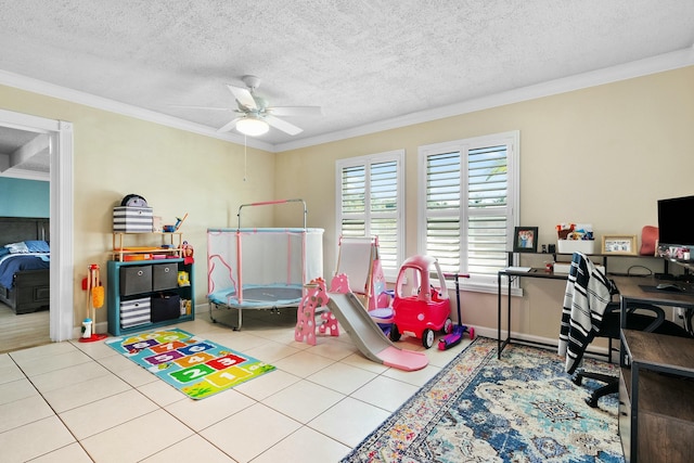 interior space featuring crown molding, a textured ceiling, and light tile patterned flooring