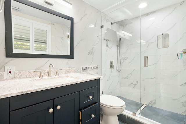 bathroom featuring vanity, tile walls, walk in shower, and toilet