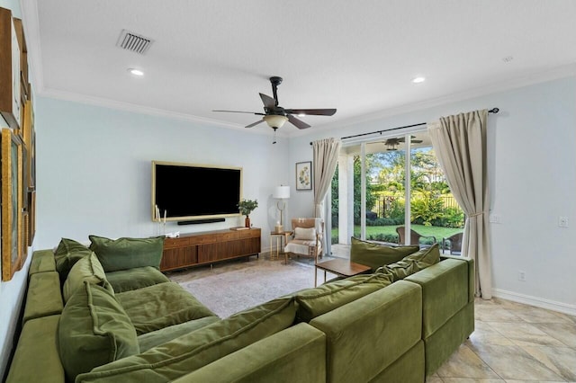 living area featuring visible vents, a ceiling fan, recessed lighting, crown molding, and baseboards