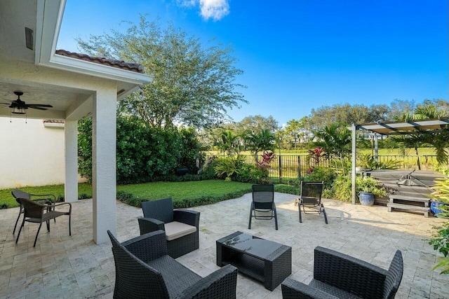 8877 Kettle Drum Ter, Boynton Beach, FL 33473 - view of patio / terrace featuring an outdoor living space, ceiling fan, and fence
