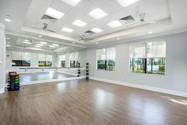 exercise room with a tray ceiling, plenty of natural light, a ceiling fan, and baseboards