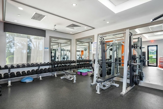 exercise room with recessed lighting and visible vents