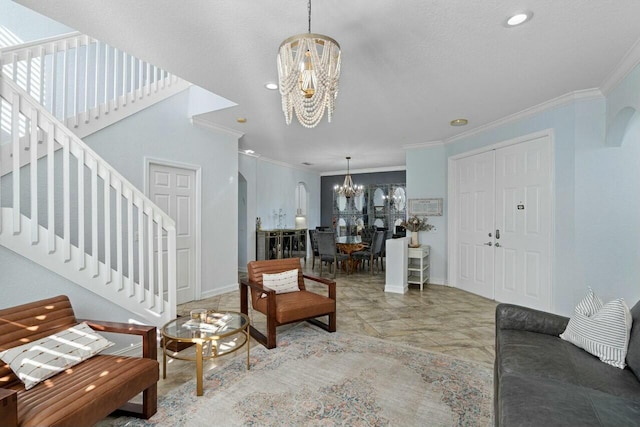 living room with stairway, arched walkways, a notable chandelier, and ornamental molding