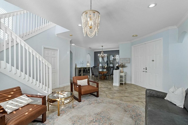 8877 Kettle Drum Ter, Boynton Beach, FL 33473 - living area featuring stairs, a notable chandelier, recessed lighting, and crown molding