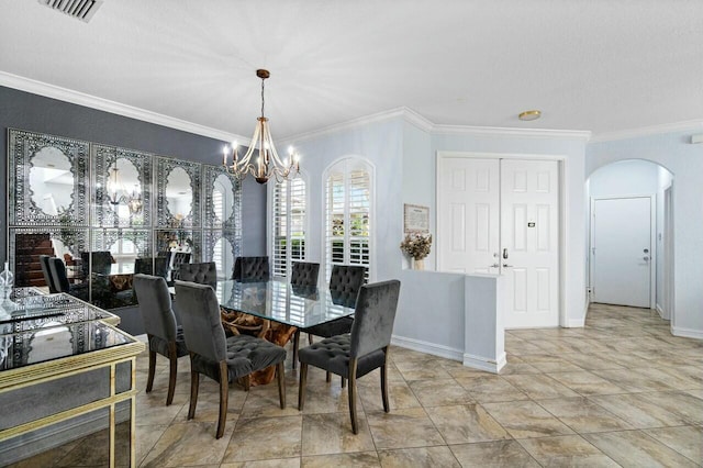 8877 Kettle Drum Ter, Boynton Beach, FL 33473 - dining room featuring arched walkways, ornamental molding, a chandelier, and visible vents