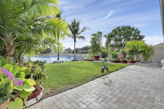 view of yard featuring a water view and a patio area