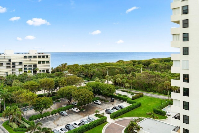 exterior space with a water view