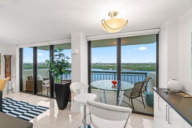 tiled dining space featuring a water view, a wealth of natural light, and a wall of windows