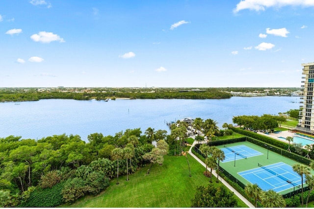 aerial view featuring a water view