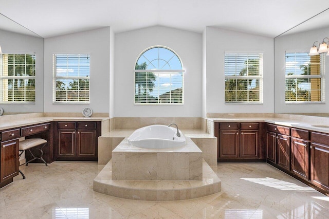 8187 Mariano Falls Ln, Boynton Beach, FL 33473 - full bathroom featuring a bath, vanity, and lofted ceiling
