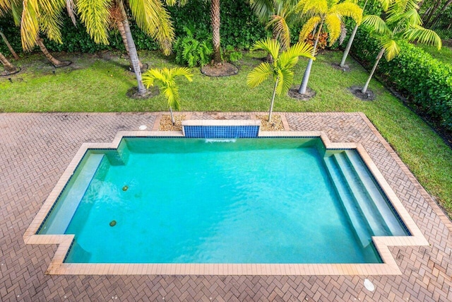 view of pool with a lawn