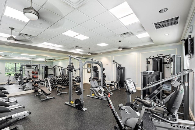 8187 Mariano Falls Ln, Boynton Beach, FL 33473 - exercise room featuring visible vents, a drop ceiling, and crown molding
