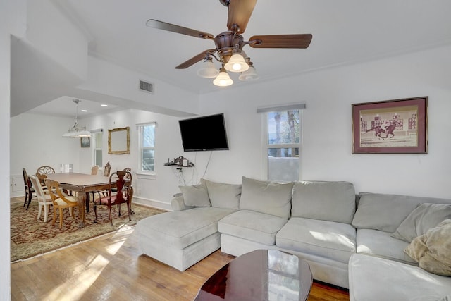 living room with ceiling fan, plenty of natural light, and light hardwood / wood-style floors