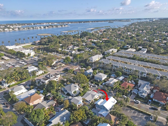 bird's eye view with a water view