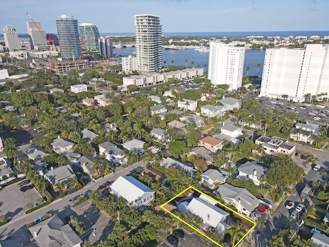 drone / aerial view featuring a water view