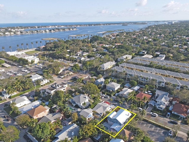 aerial view featuring a water view