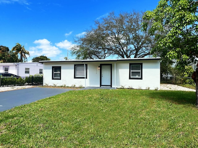 single story home with a front yard, fence, and stucco siding