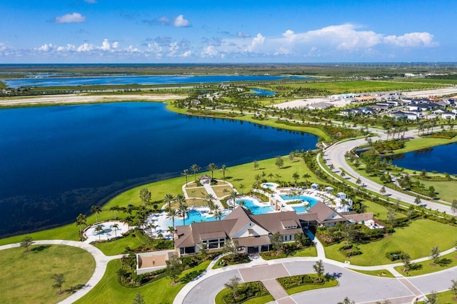 drone / aerial view with a water view