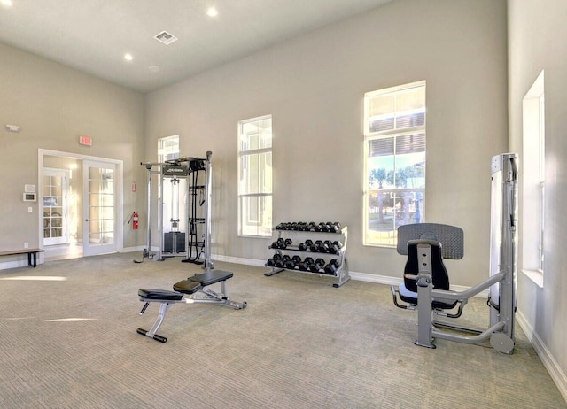 exercise room featuring carpet floors and a towering ceiling