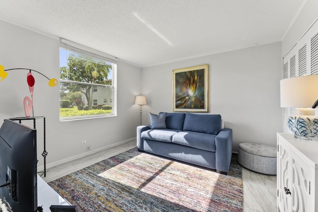 living room with a textured ceiling