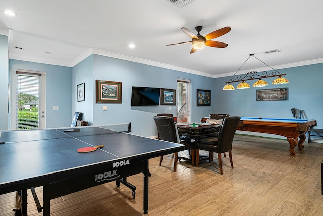 11951 Torreyanna Cir, Palm Beach Gardens, FL 33412 - playroom with light wood finished floors, visible vents, ceiling fan, ornamental molding, and pool table