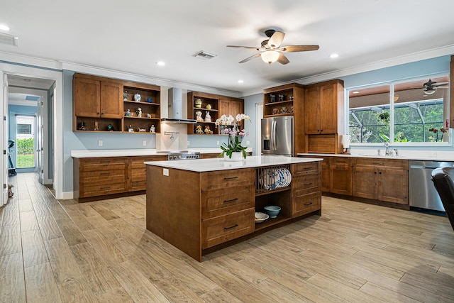 11951 Torreyanna Cir, Palm Beach Gardens, FL 33412 - kitchen featuring light countertops, appliances with stainless steel finishes, light wood-type flooring, a center island, and open shelves