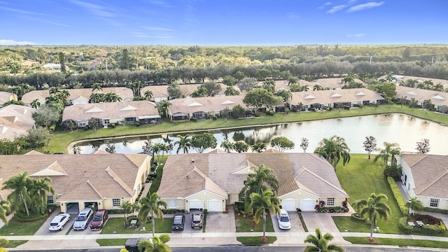 bird's eye view with a water view