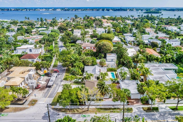 aerial view featuring a water view and a residential view