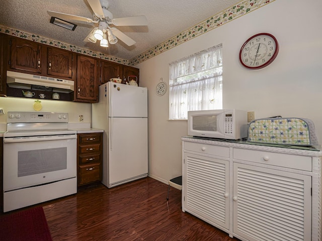 kitchen with dark hardwood / wood-style flooring, white appliances, dark brown cabinets, and a textured ceiling