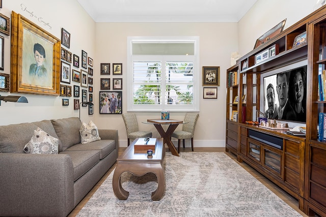 living area featuring baseboards, ornamental molding, and wood finished floors