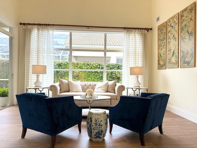 living room featuring a healthy amount of sunlight and light hardwood / wood-style floors