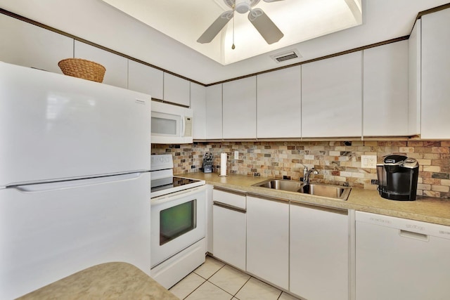 kitchen featuring sink, white appliances, decorative backsplash, and white cabinets