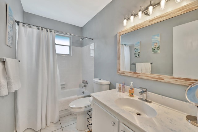 full bathroom with tile patterned flooring, vanity, shower / bathtub combination with curtain, and toilet