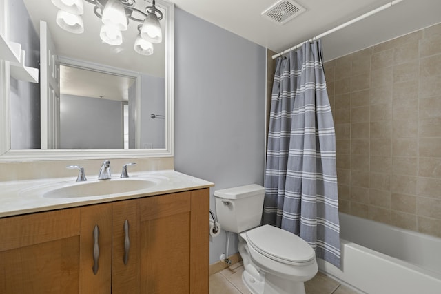 full bathroom featuring toilet, vanity, shower / bathtub combination with curtain, and tile patterned flooring