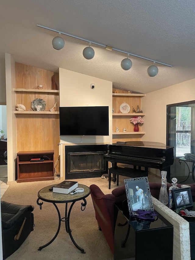 living area featuring lofted ceiling, a textured ceiling, built in features, and light colored carpet