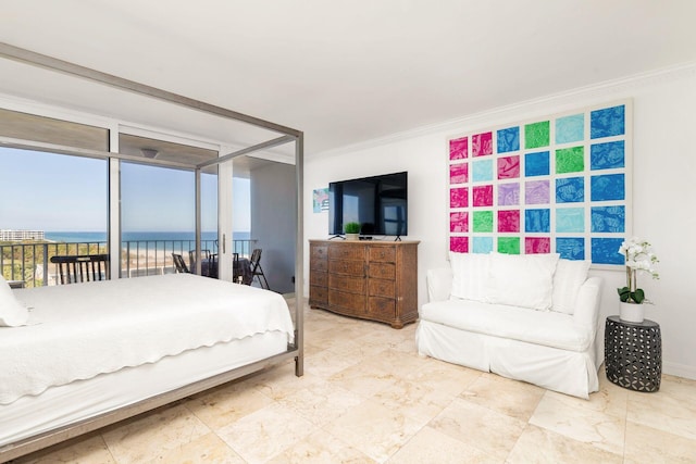 bedroom with crown molding, a water view, and access to exterior