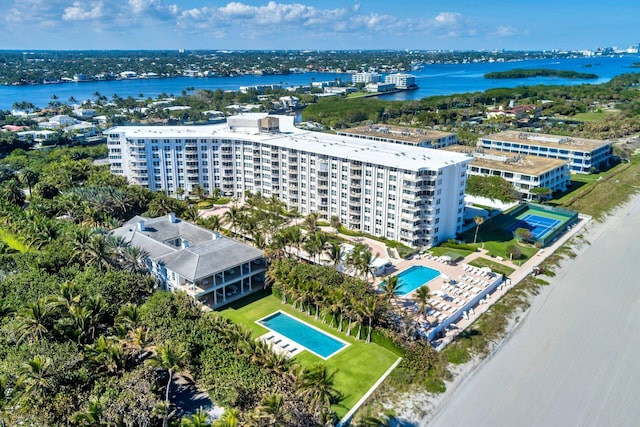 aerial view featuring a water view