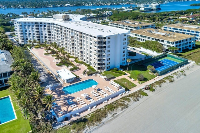 birds eye view of property featuring a water view