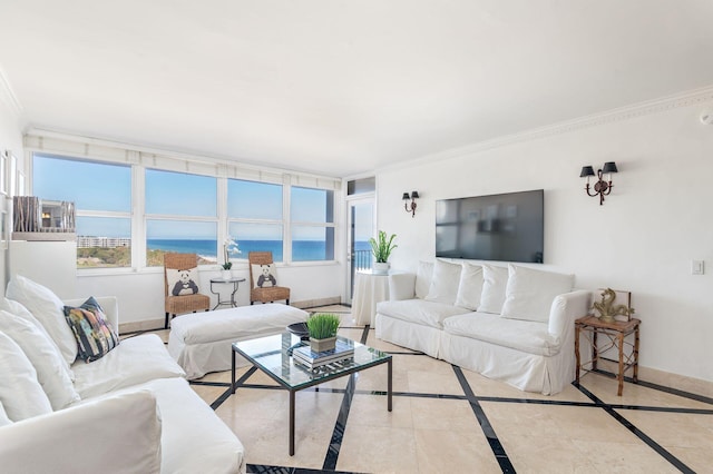 living room with crown molding