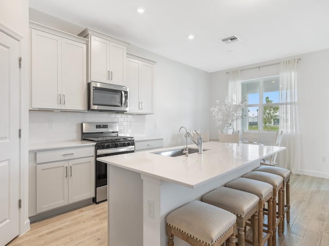 kitchen with light wood-style flooring, a sink, visible vents, appliances with stainless steel finishes, and tasteful backsplash