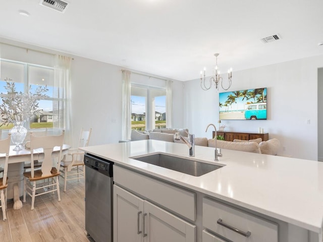 kitchen with light countertops, visible vents, open floor plan, a sink, and dishwasher