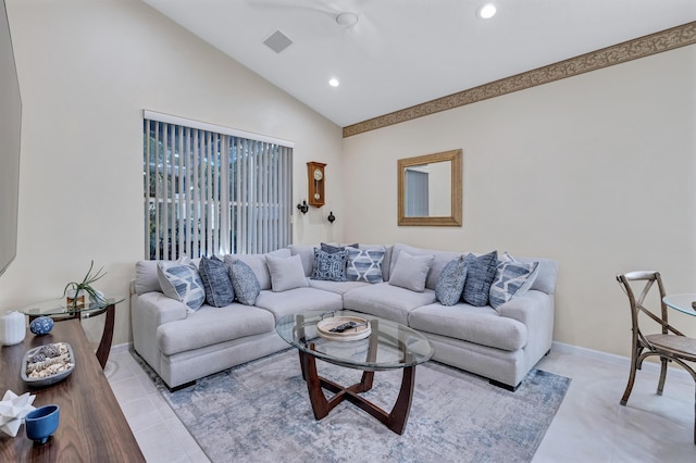 living room featuring lofted ceiling and light tile patterned floors