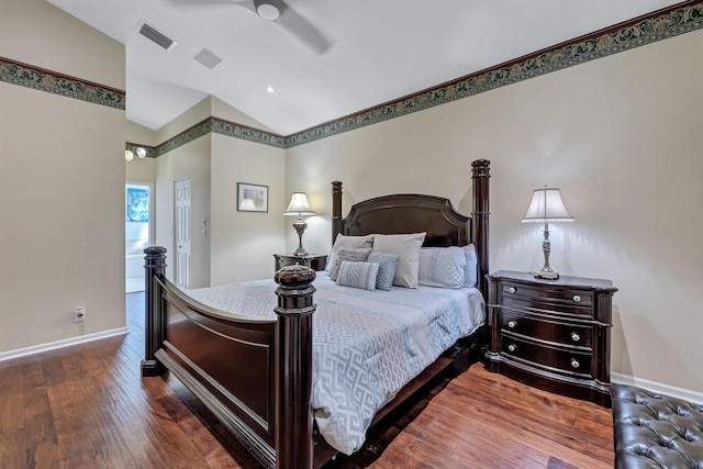 bedroom with wood-type flooring, lofted ceiling, and ceiling fan