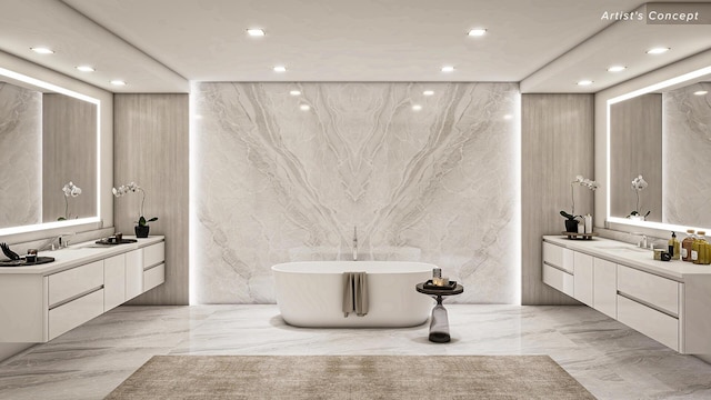 2200 Pga Blvd Unit 406, Palm Beach Gardens, FL 33410 - full bath featuring marble tiled flooring, recessed lighting, two vanities, a soaking tub, and stone wall