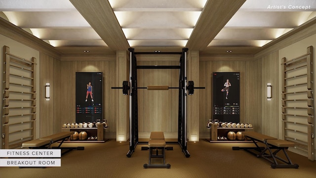 workout area featuring carpet, coffered ceiling, and wood walls