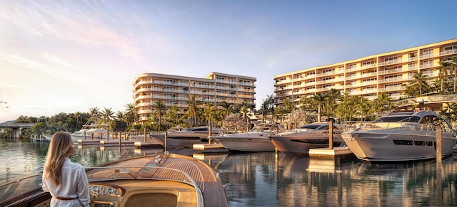 exterior space with a water view